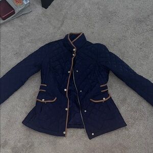 Navy Quilted Women's Jacket with Tan Trim